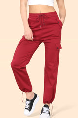 Elasticated Waistband Pocket Detail Cargo Pants in Wine detail