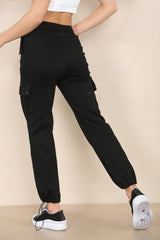 Elasticated Waistband Pocket Detail Cargo Pants in Black pants