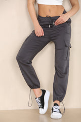 Elasticated Waistband Pocket Detail Cargo Pants in Charcoal detail