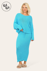 Cropped Batwing Jumper & Knitted Midi Skirt Set in Blue front