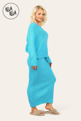 Cropped Batwing Jumper & Knitted Midi Skirt Set in Blue side