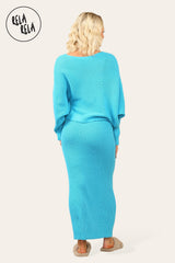 Cropped Batwing Jumper & Knitted Midi Skirt Set in Blue back