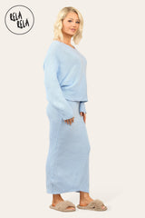 Cropped Batwing Jumper & Knitted Midi Skirt Set in Baby Blue side