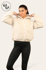 Hooded Boxy Zip Through Teddy Fleece Jacket Outerwear Winter Jacket in Cream front 1