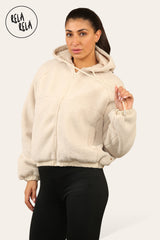 Hooded Boxy Zip Through Teddy Fleece Jacket Outerwear Winter Jacket in Cream front 3