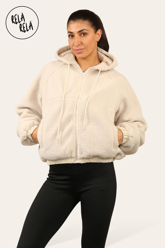 Teddy Fleece Zip Up Hooded Boxy Jacket for Winter in Cream