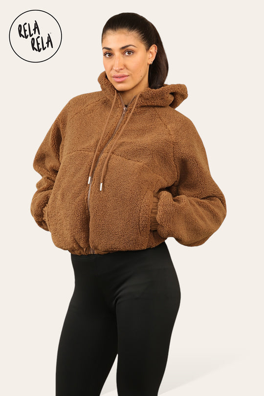 Teddy Fleece Zip Up Hooded Boxy Jacket for Winter in Camel