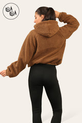 Hooded Boxy Zip Through Teddy Fleece Jacket Outerwear Winter Jacket in Camel back 2