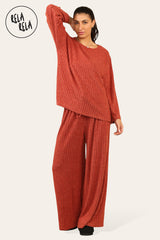 Brushed Rib Texture Long Sleeve Shirt & Elastic Waist Pants Set Lounge Co-Ord in Rust