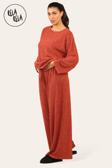 Brushed Rib Texture Long Sleeve Shirt & Elastic Waist Pants Set Lounge Co-Ord in Rust side
