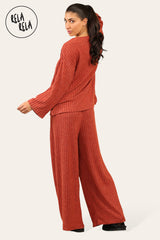 Brushed Rib Texture Long Sleeve Shirt & Elastic Waist Pants Set Lounge Co-Ord in Rust back