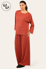 Brushed Rib Texture Long Sleeve Shirt & Elastic Waist Pants Set Lounge Co-Ord in Rust side 2