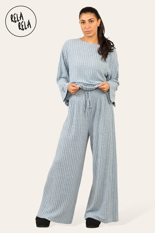 Ribbed Long Sleeve Co-Ord Set with Matching Top & Trousers in Blue