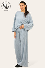 Matching top and trousers set in blue – ribbed long sleeve co ord set.
