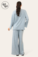Back view of stylish two piece ribbed co ord set for women in calming blue.