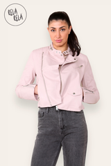 Faux Leather Biker Jacket Padded Shoulder Outwear Coat in Pink detail