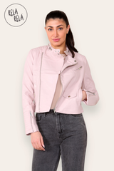 Faux Leather Biker Jacket Padded Shoulder Outwear Coat in Pink front