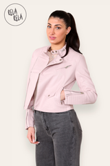 Faux Leather Biker Jacket Padded Shoulder Outwear Coat in Pink side