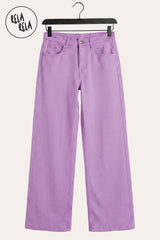 Flat lay of the Lilac stretchy wide leg dad fit jeans in a pastel tone, showcasing the premium denim texture and authentic 90s-inspired cut.
