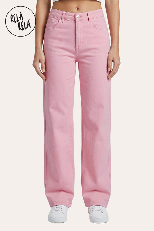 Pastel Tone Stretchy Wide Leg Dad Fit Jeans in Pink