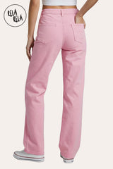 Rear view of the Rela Rela Pink wide leg denim, showing the clean pocket detailing and the gap-free waistband fit of the stretchy fabric.