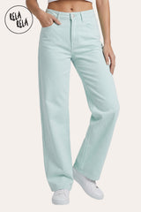 Front view of a model wearing the Rela Rela Icy Blue stretchy wide leg dad fit jeans. Featuring a high-rise fit and a relaxed retro silhouette in a cold-toned pastel wash.