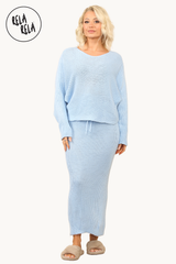 Cropped Batwing Jumper & Knitted Midi Skirt Set in Baby Blue