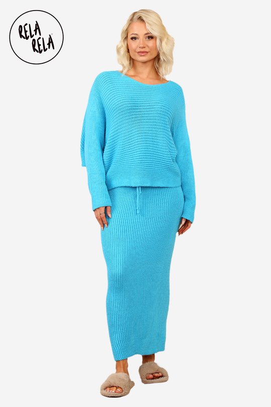 Cropped Batwing Jumper & Knitted Midi Skirt Set in Blue