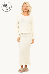 Cropped Batwing Jumper & Knitted Midi Skirt Set in Cream