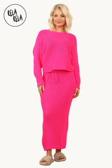 Cropped Batwing Jumper & Knitted Midi Skirt Set in Fuchsia