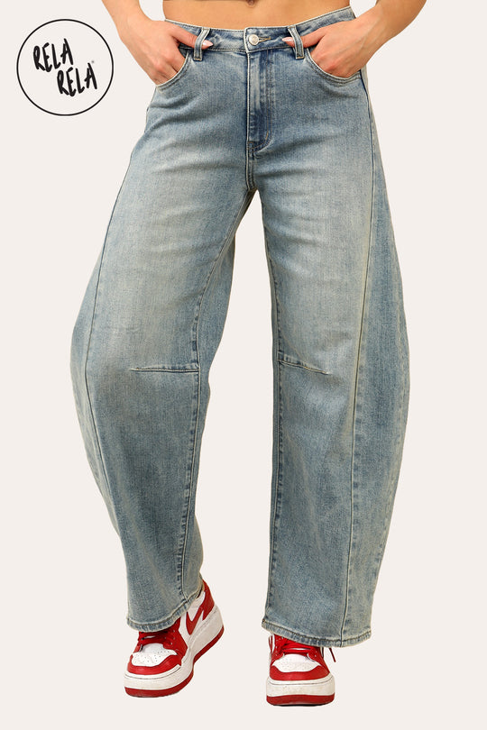 Petite Friendly Women's Stretchy Vintage Blue Mid Rise Barrel Jean Jeans