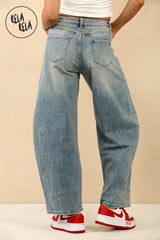 Petite Friendly Women's Stretchy Vintage Blue Mid Rise Barrel Jean Jeans