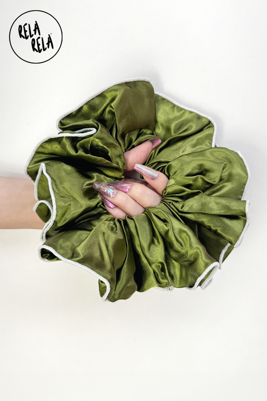 XXL Large Satin Hair Scrunchies with Contrast Stitching in Olive Green