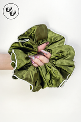 XXL Large Satin Hair Scrunchies with Contrast Stitching in Olive Green