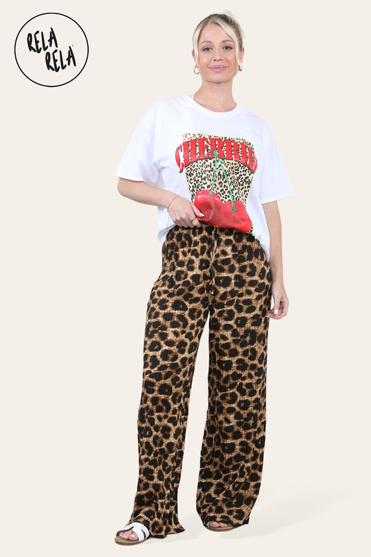 Plisse Wide Leg Trousers with Drawstring in Brown Leopard