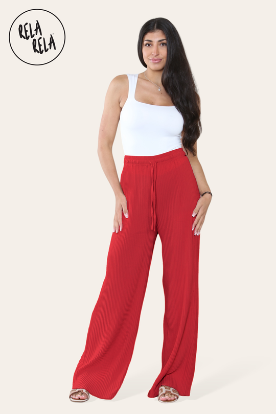 Plisse Wide Leg Trousers with Drawstring in Red