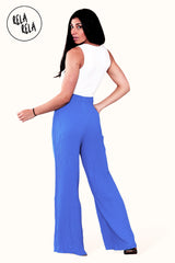 Back view of royal blue plissé wide leg trousers – adjustable drawstring waist on trousers with pleats.