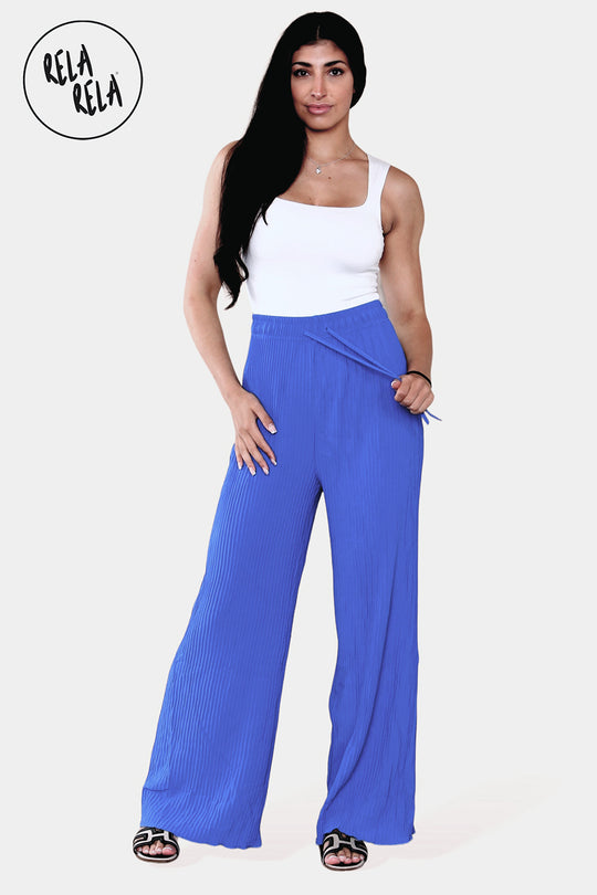 Plisse Wide Leg Trousers with Drawstring in Royal Blue