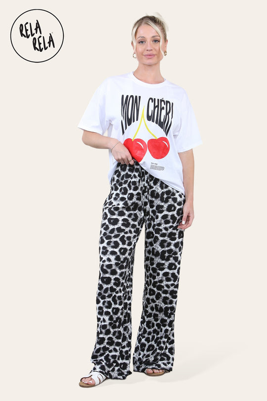 Plisse Wide Leg Trousers with Drawstring in White Leopard Print