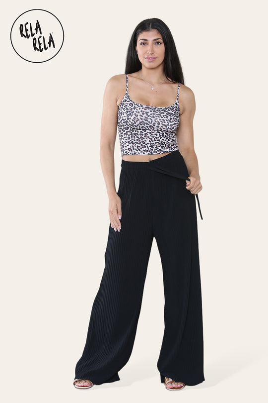 Plisse Wide Leg Trousers with Drawstring in Black