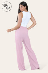 Back view of dark pink plissé wide leg trousers – adjustable drawstring waist on trousers with pleats.