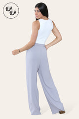 Back view of grey plissé wide leg trousers – adjustable drawstring waist on trousers with pleats.