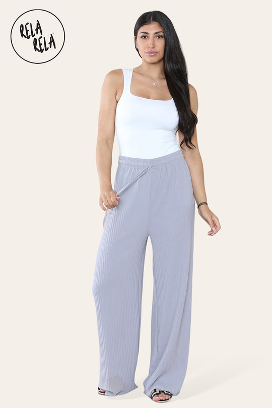 Plisse Wide Leg Trousers with Drawstring in Grey
