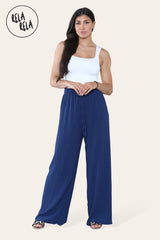Navy blue plissé wide leg trousers front view – classic pleated trouser pants with flowing silhouette.