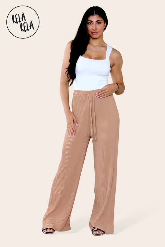 Plisse Wide Leg Trousers with Drawstring in Tan