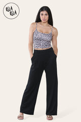 High Waisted Plicated Side Pocket Wide Leg Work Pants in Black