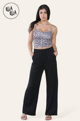 High Waisted Plicated Side Pocket Wide Leg Work Pants in Black front 2