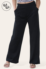 High Waisted Plicated Side Pocket Wide Leg Work Pants in Black detail