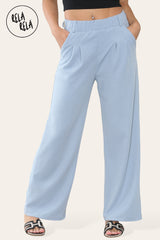 High Waisted Plicated Side Pocket Wide Leg Work Pants in Blue front 2