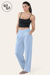 High Waisted Plicated Side Pocket Wide Leg Work Pants in Blue all